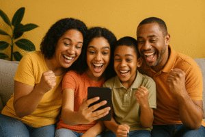 Família brasileira feliz comemorando o Bolsa Família