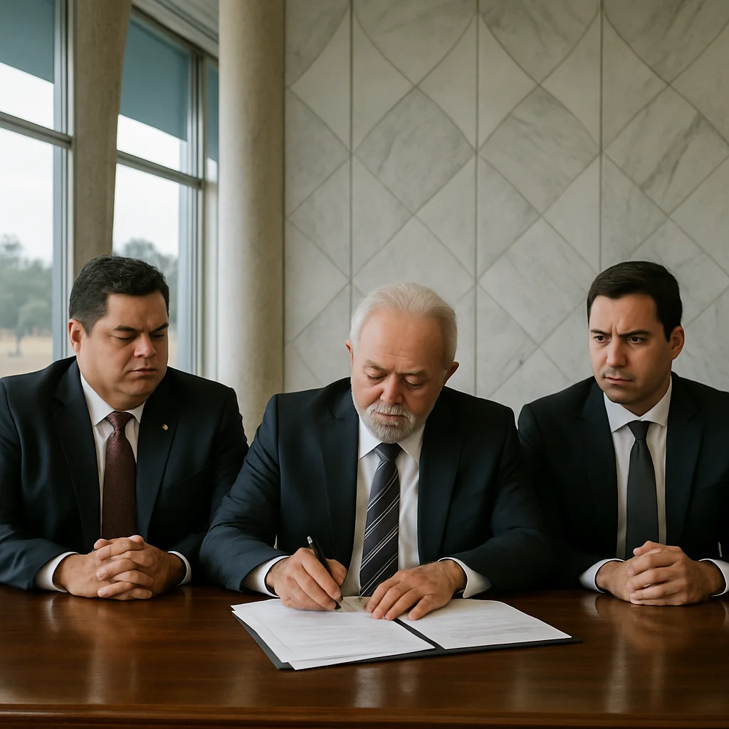 Davi Alcolumbre, Lula e Hugo Motta na medida provisória do setor elétrico