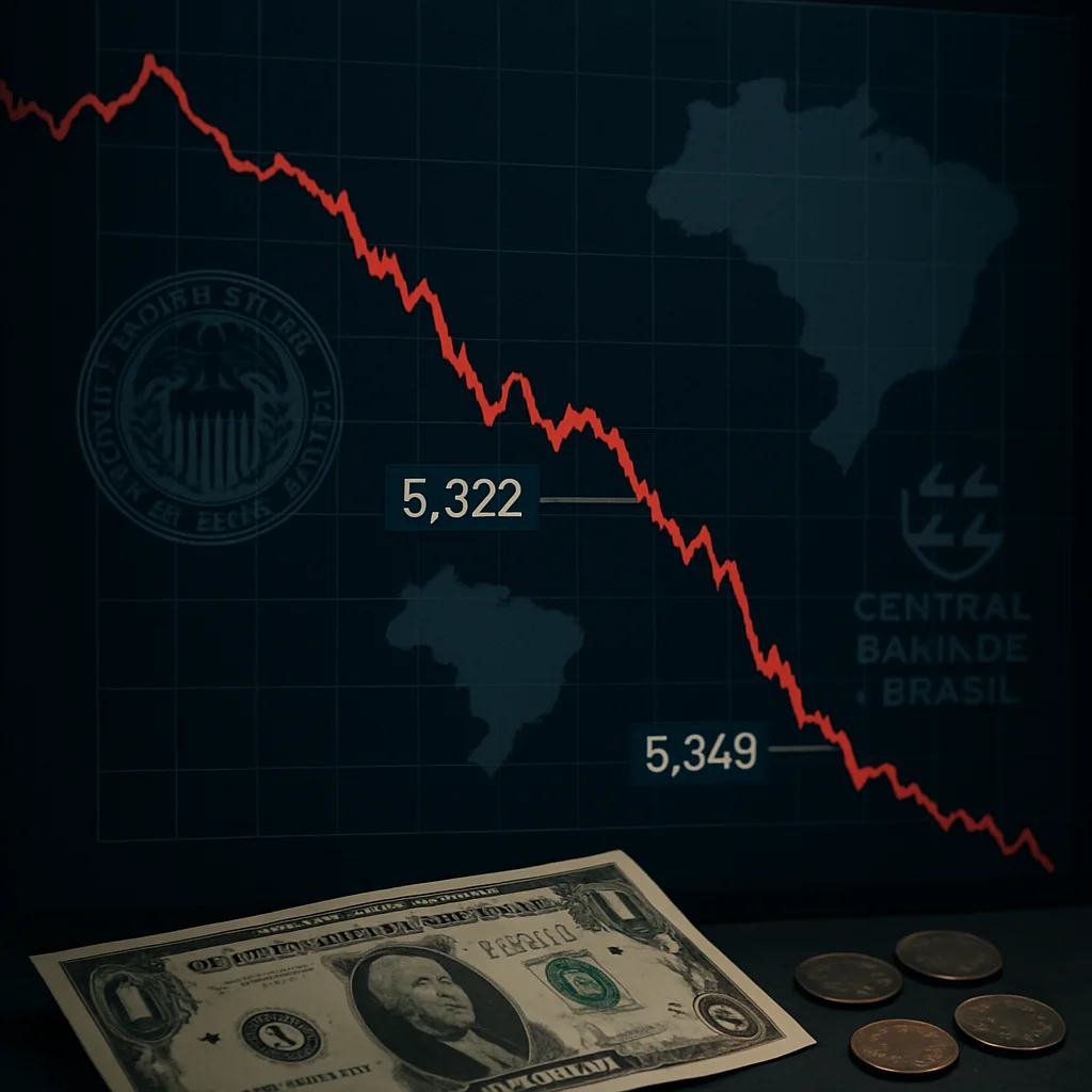Dólar cai a R$ 5,322, menor desde junho de 2024, com olho no Fed e BCB